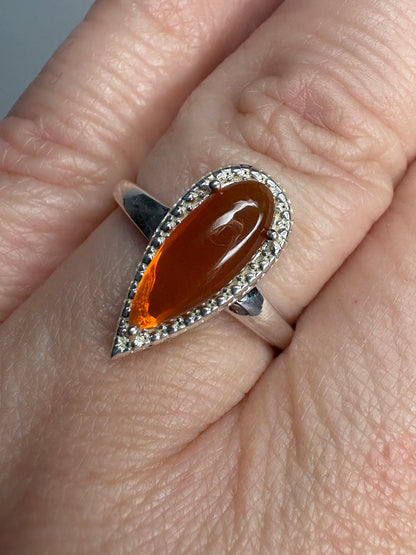 Oregon Fire Opal Cabochon Teardrop Ring Sterling Silver size 7