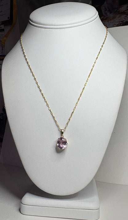 Kunzite Solitaire Pendant Necklace 9k Gold 18"