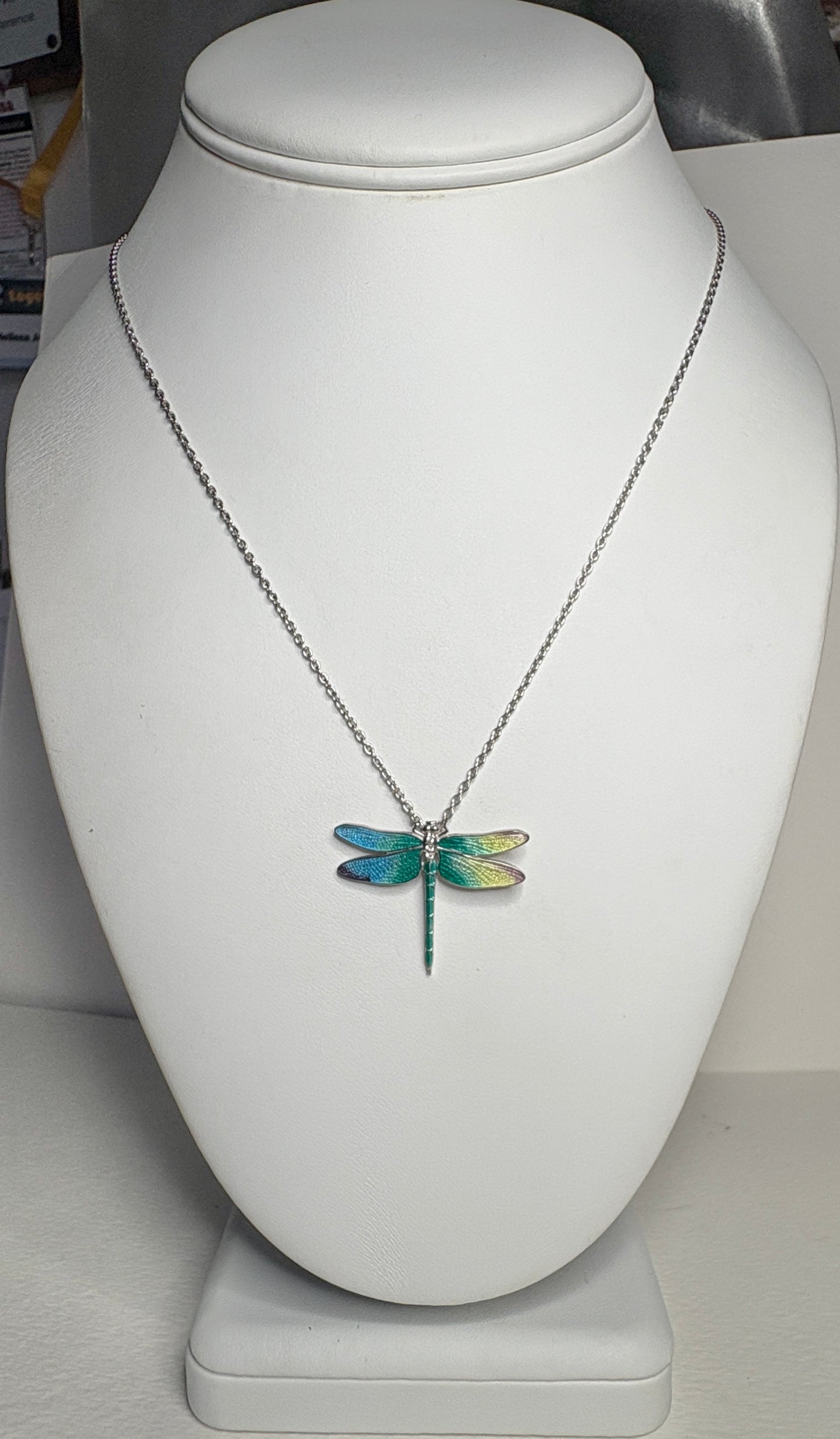30mm Rainbow Dragonfly Necklace. Sterfling Silver-White Sapphires