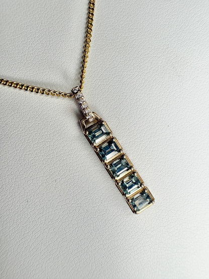 Untreated Montana Bar Sapphire and Diamond Pendant Necklace 9k with 14k Chain 18"