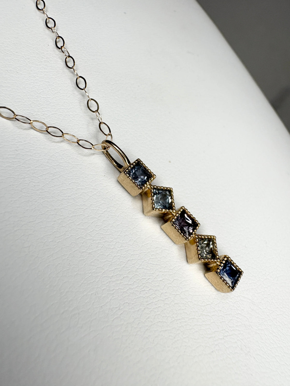 Natural Multi-Color Princess Cut Sapphire Bar Pendant Necklace in 9k Gold 18"