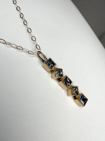 Natural Multi-Color Princess Cut Sapphire Bar Pendant Necklace in 9k Gold 18"