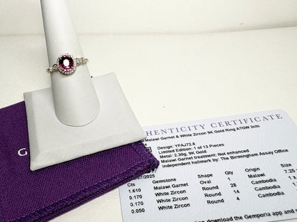 Malawi Rhodolite Garnet and Zircon Halo Ring 9k Gold size 8
