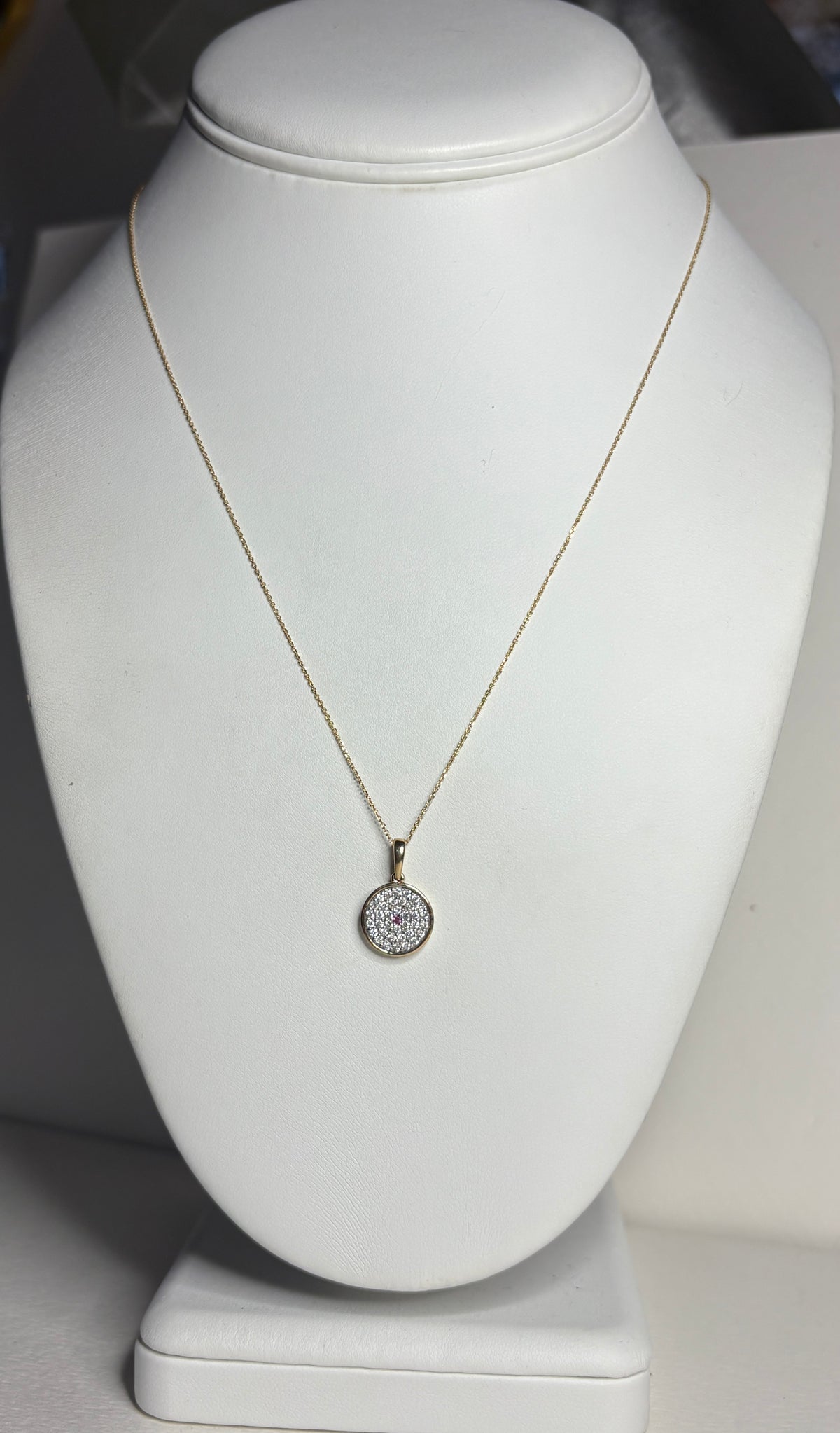 Diamond and Pink Sapphire DIsc Pendant Necklace 9k Gold with 10k Gold Chain 18" .37ctw