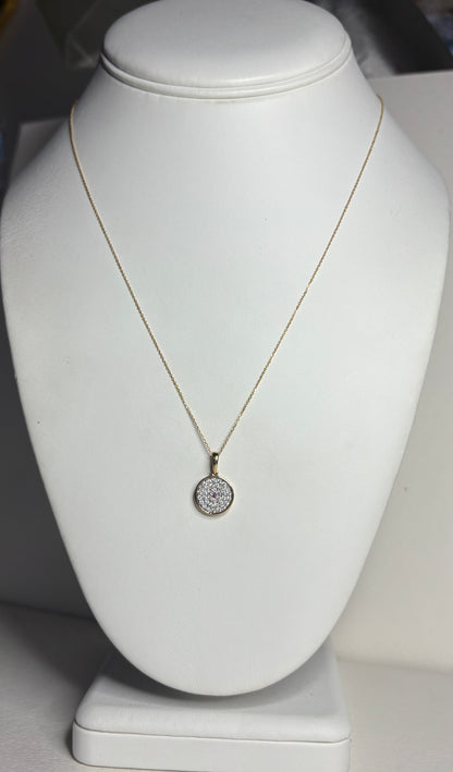 Diamond and Pink Sapphire DIsc Pendant Necklace 9k Gold with 10k Gold Chain 18" .37ctw