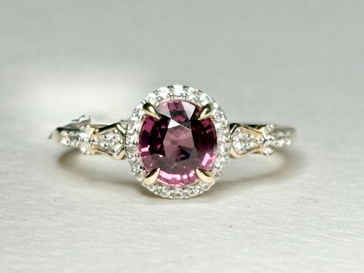 Malawi Rhodolite Garnet and Zircon Halo Ring 9k Gold size 8