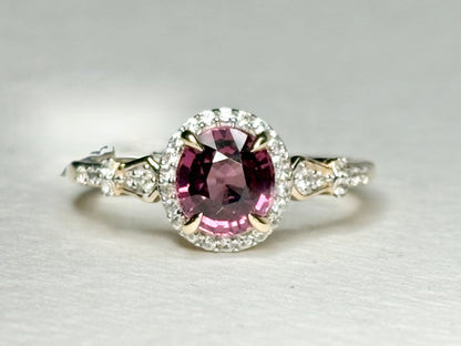 Malawi Rhodolite Garnet and Zircon Halo Ring 9k Gold size 8