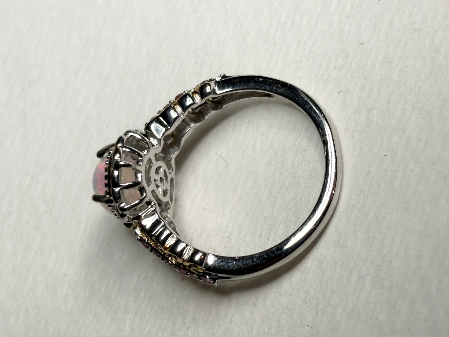 Ethiopian Wello Opal and Pink Tourmaline Ring Sterling Silver Gold Accents size 7