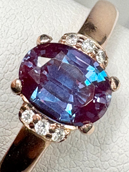 Russian Lab Grown Alexandrite Chrysoberyl and Diamond Ring Solid 10k Rose Gold size 8.75