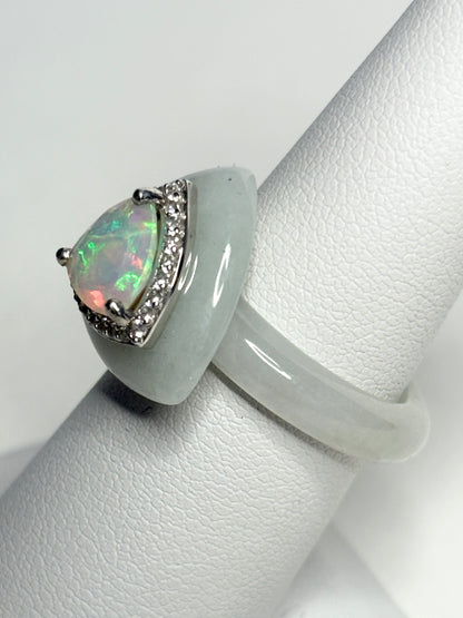 Type A Burmese Jadeite Jade Ethiopian Opal Trillion Halo Ring with Zircon size 7