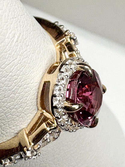 Malawi Rhodolite Garnet and Zircon Halo Ring 9k Gold size 8