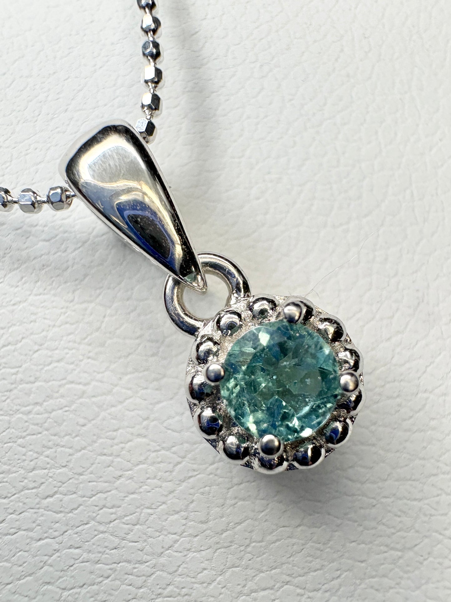 Brazilan Lagoon Tourmaline Beaded Solitaire Pendant Necklace Sterling Silver 4mm 18"