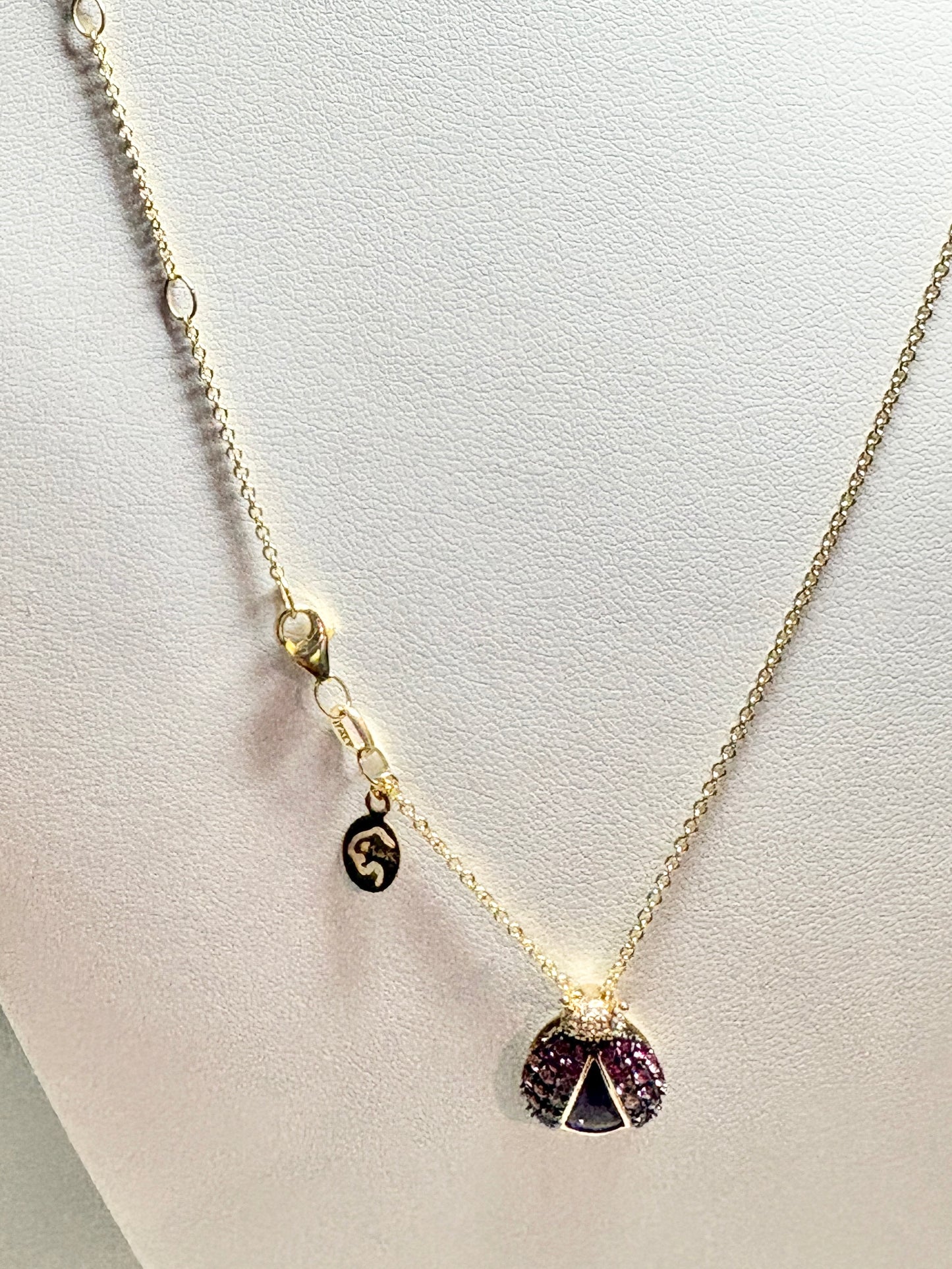 Effy Ladybug Amethyst Diamond Ruby and Pink Sapphire Pendant Necklace Adjustable 18" Solid 14k