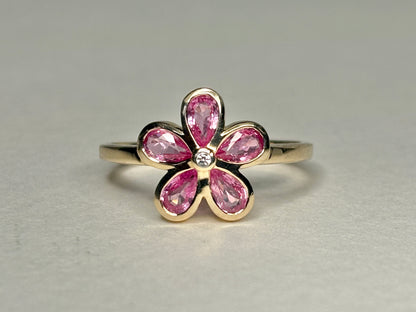 Pink Sapphire Bezel Set Flower Ring 9k Gold size 8