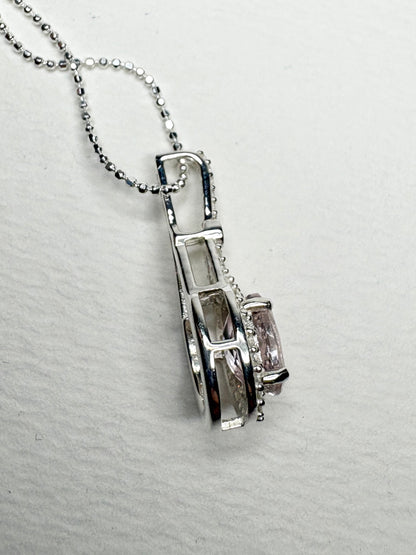 Kunzite and Zircon Halo Drop Pendant Necklace in Sterling Silver 18"