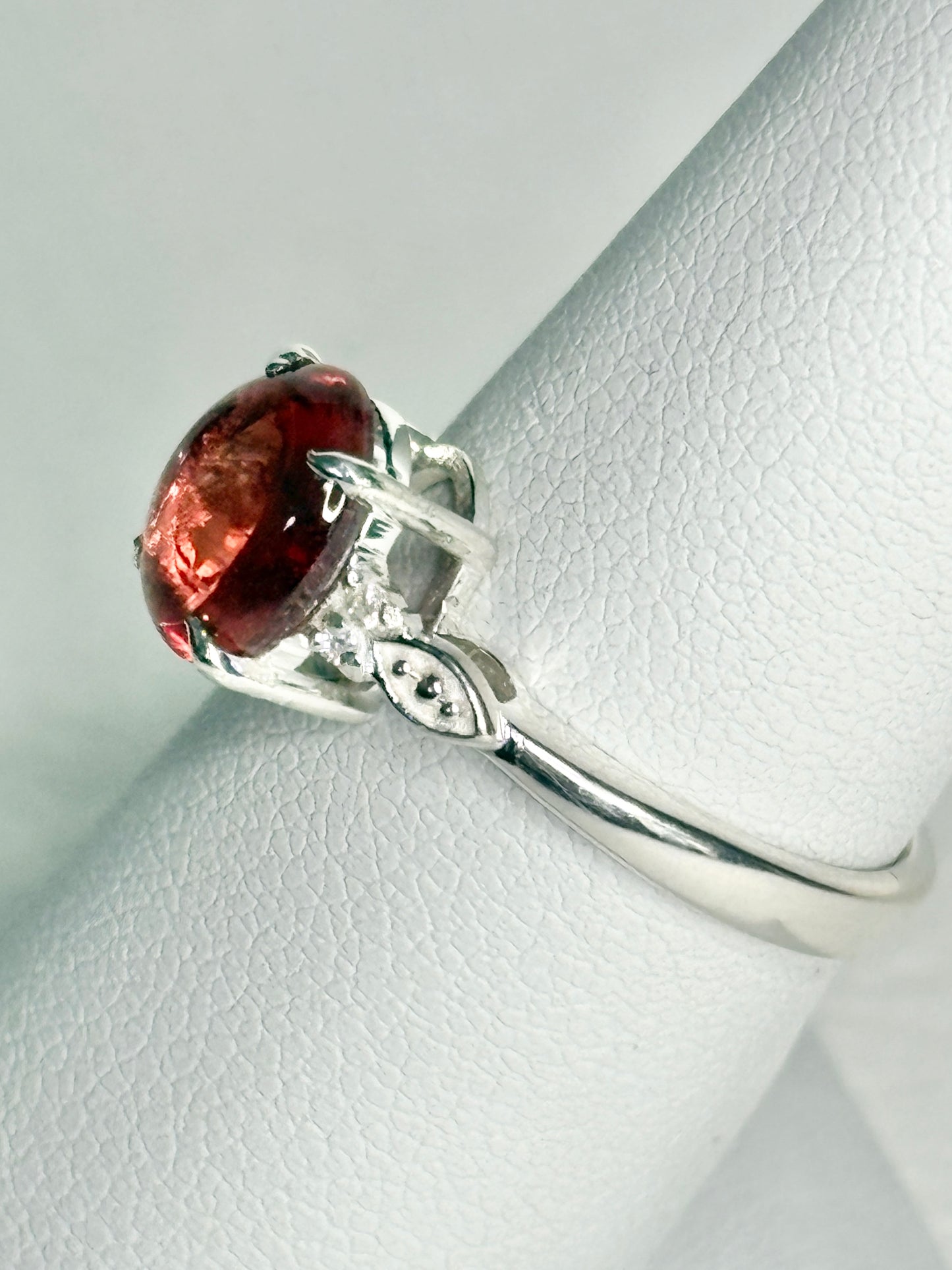 Red Oregon Sunstone Cabochon Ring with Natural Diamonds in Sterling Silver size 7