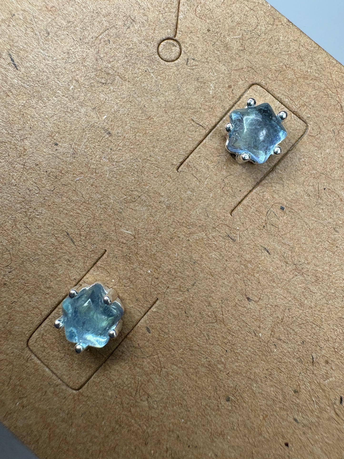 Aquamarine Cabochon Star Stud Earrings Sterling Silver 5mm