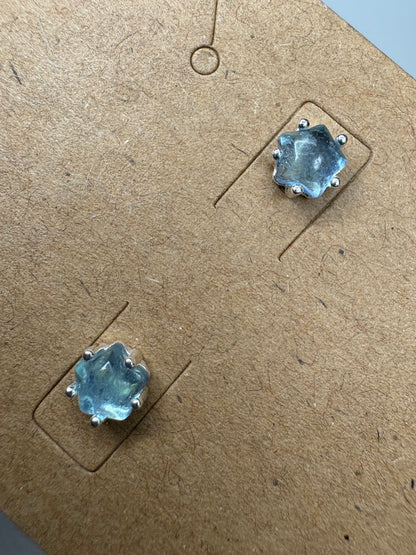 Aquamarine Cabochon Star Stud Earrings Sterling Silver 5mm