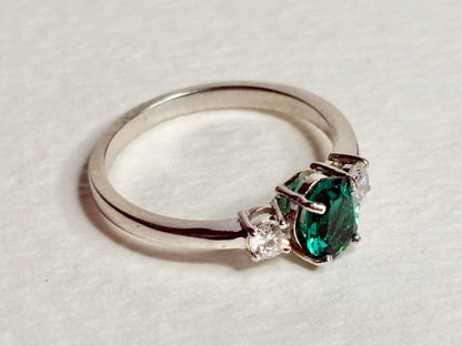 Lab-Grown Emerald and Diamond Ring Sterling Silver size 7