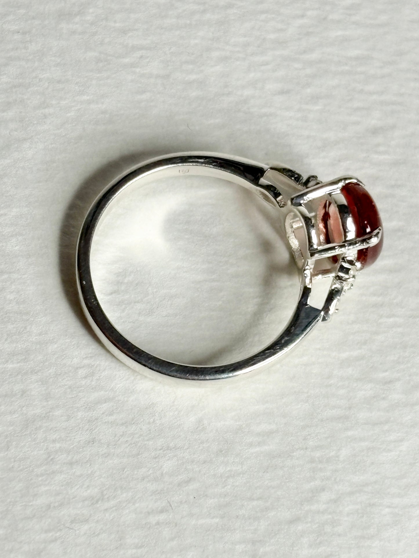 Red Oregon Sunstone Cabochon Ring with Natural Diamonds in Sterling Silver size 7