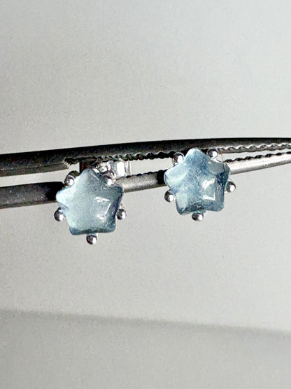 Aquamarine Cabochon Star Stud Earrings Sterling Silver 5mm