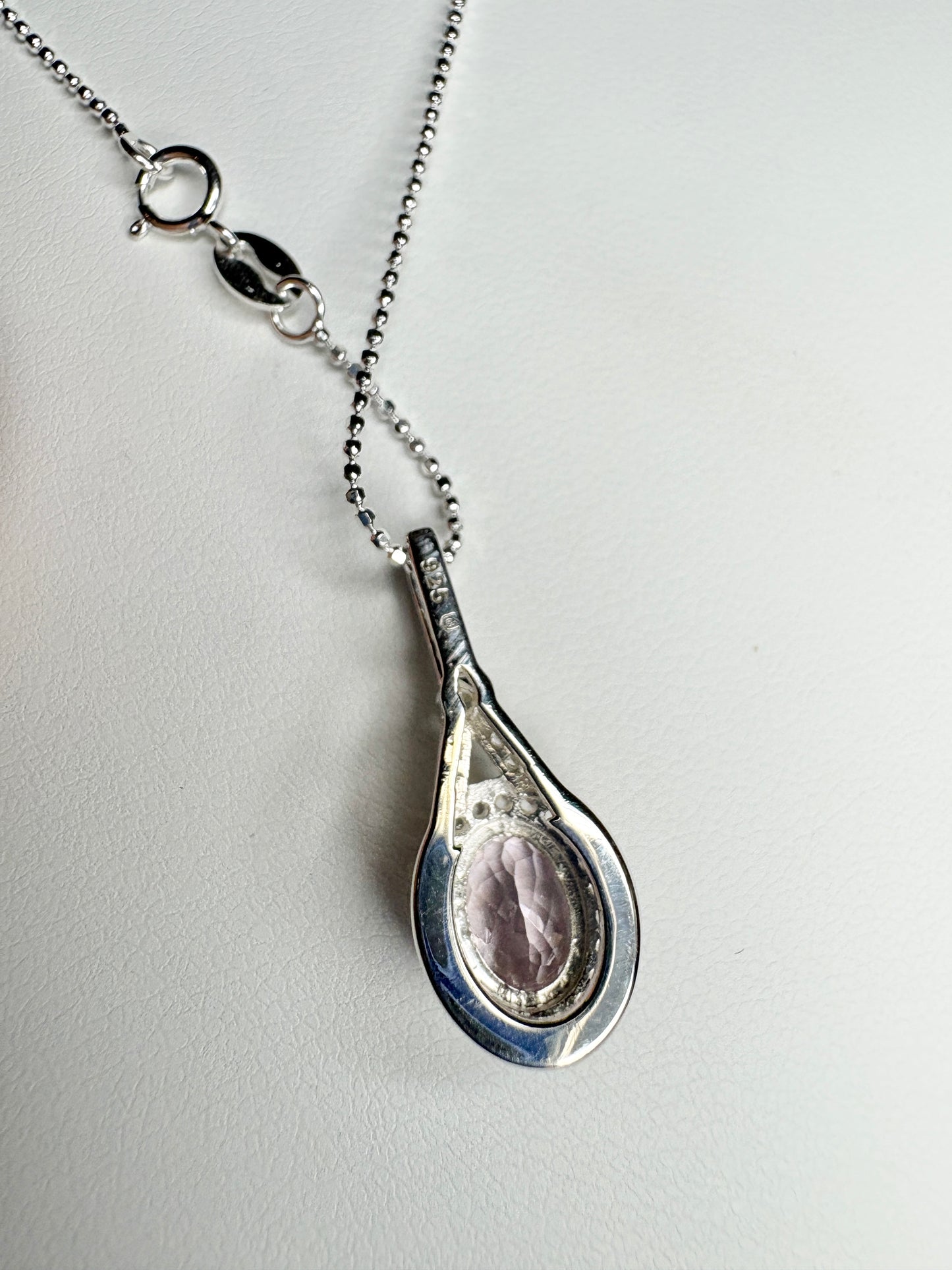 Kunzite and Zircon Halo Drop Pendant Necklace in Sterling Silver 18"