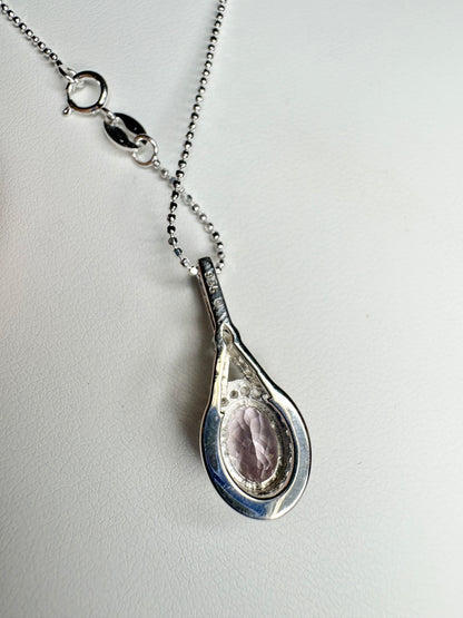 Kunzite and Zircon Halo Drop Pendant Necklace in Sterling Silver 18"