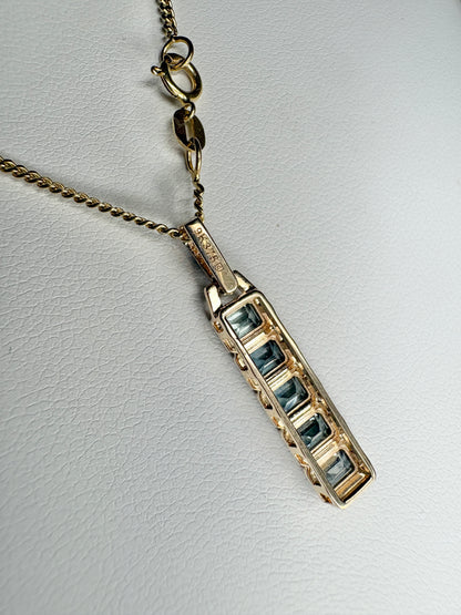 Untreated Montana Bar Sapphire and Diamond Pendant Necklace 9k with 14k Chain 18"