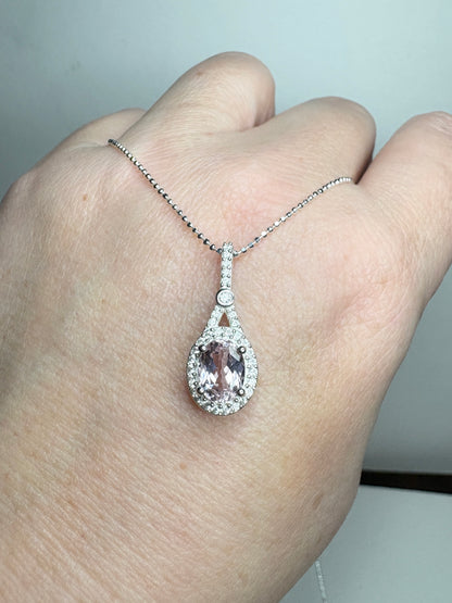 Kunzite and Zircon Halo Drop Pendant Necklace in Sterling Silver 18"