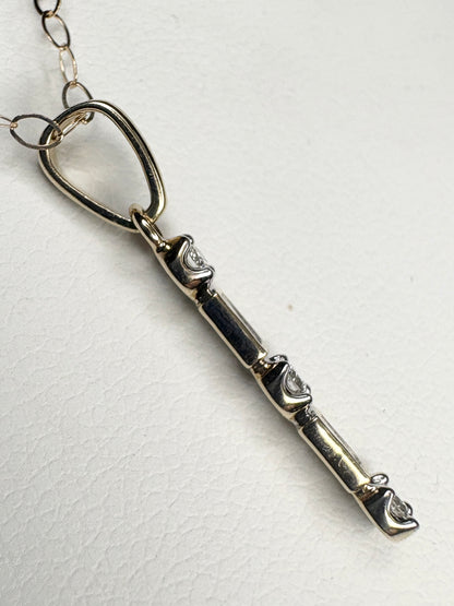 Small Natural Diamond Baguette and Round Bar Pendant Necklace 9k Gold 18"