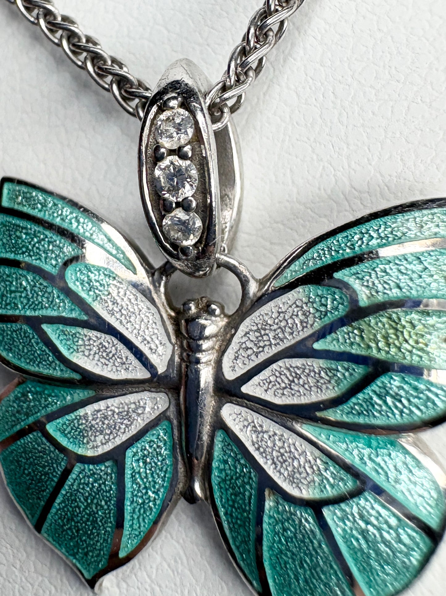 Nicole Barr Enameled Aqua Butterfly and Diamond Pendant Necklace in Adjustable Sterling Silver