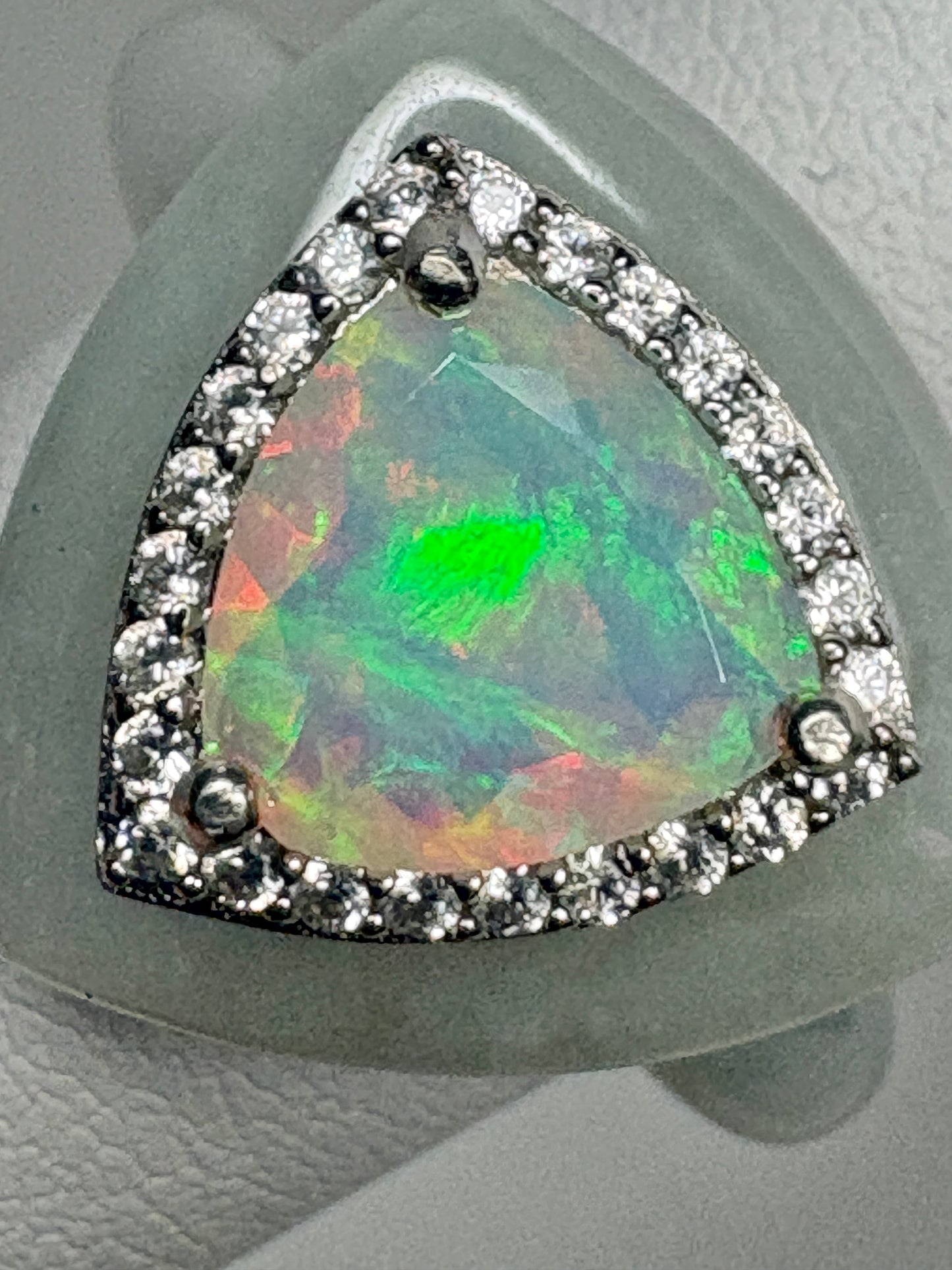 Type A Burmese Jadeite Jade Ethiopian Opal Trillion Halo Ring with Zircon size 7
