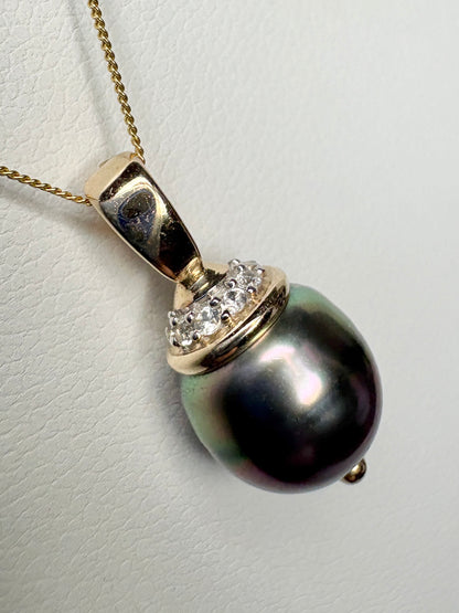 Tahitian Pearl with Zircon Pendant Necklace in Solid 9K Gold 18"