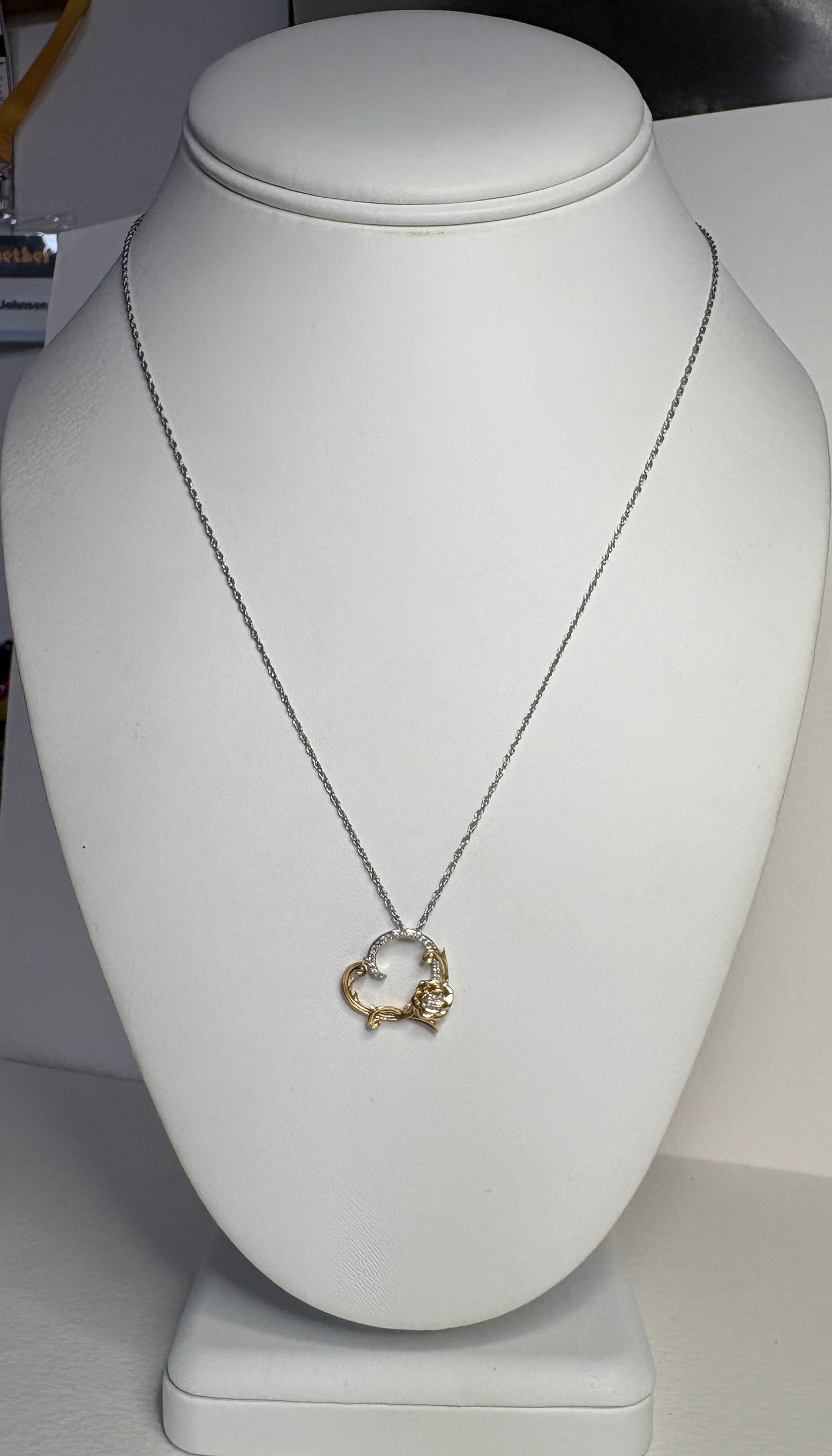 Disney Enchanted Belle Diamond and White Sapphire Rose Heart Pendant Necklace 14k and Sterling silver 18"