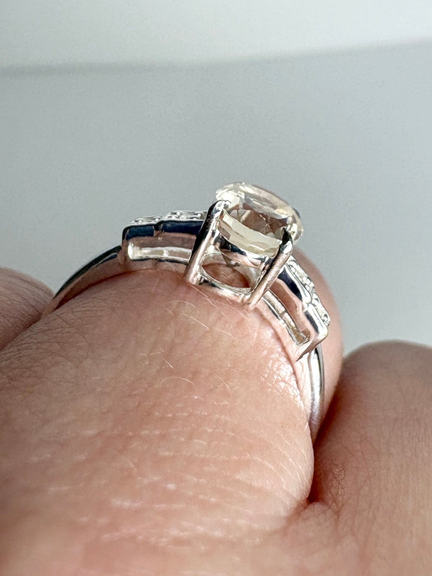 Yellow Oregon Sunstone and Zircon Ring Sterling Silver size 7