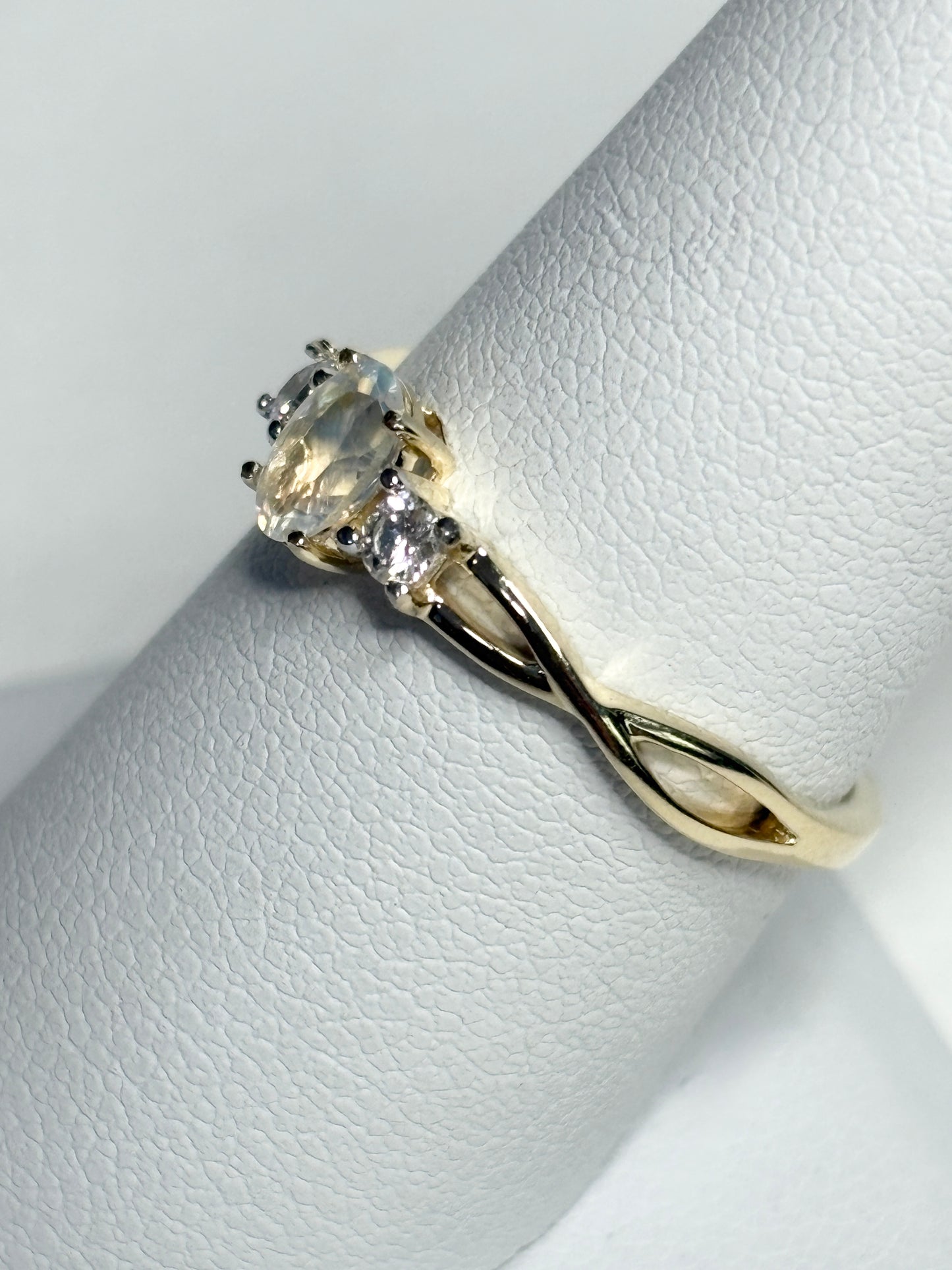 Fine Rainbow Moonstone and Diamond Ring 9k Gold size 8