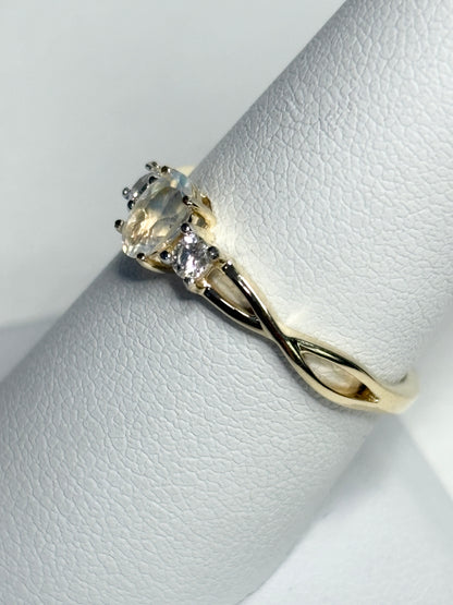 Fine Rainbow Moonstone and Diamond Ring 9k Gold size 8