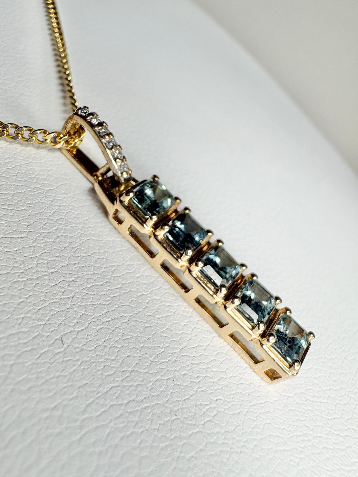Untreated Montana Bar Sapphire and Diamond Pendant Necklace 9k with 14k Chain 18"