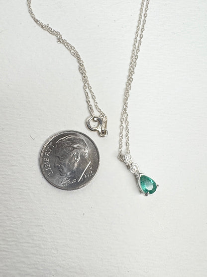 Zambian Emerald Pear Shaped Solitaire Pendant Necklace Sterling Silver 19"