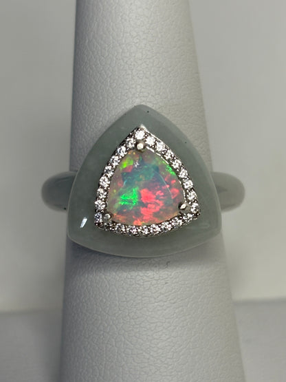 Type A Burmese Jadeite Jade Ethiopian Opal Trillion Halo Ring with Zircon size 7