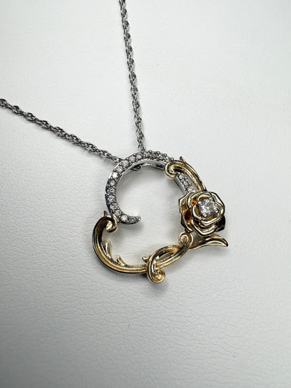 Disney Enchanted Belle Diamond and White Sapphire Rose Heart Pendant Necklace 14k and Sterling silver 18"