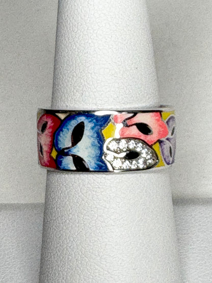 Colorful Enamel Cat Ring with Crystals in Sterling Silver Wide Band 9mm size 7