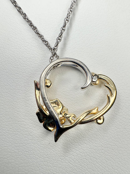 Disney Enchanted Belle Diamond and White Sapphire Rose Heart Pendant Necklace 14k and Sterling silver 18"