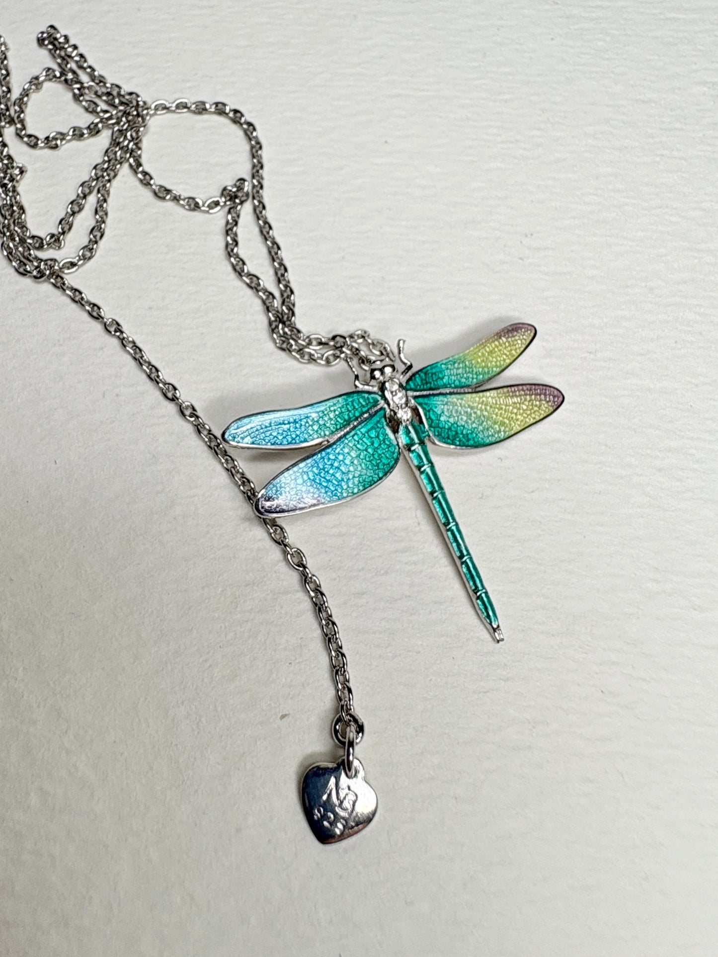 30mm Rainbow Dragonfly Necklace. Sterfling Silver-White Sapphires