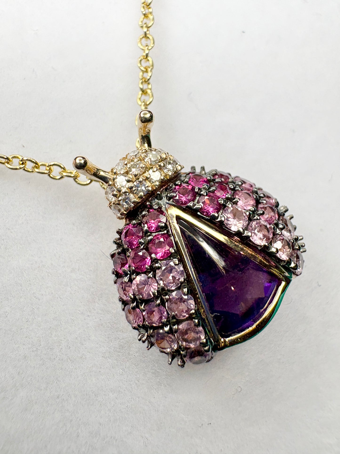 Effy Ladybug Amethyst Diamond Ruby and Pink Sapphire Pendant Necklace Adjustable 18" Solid 14k