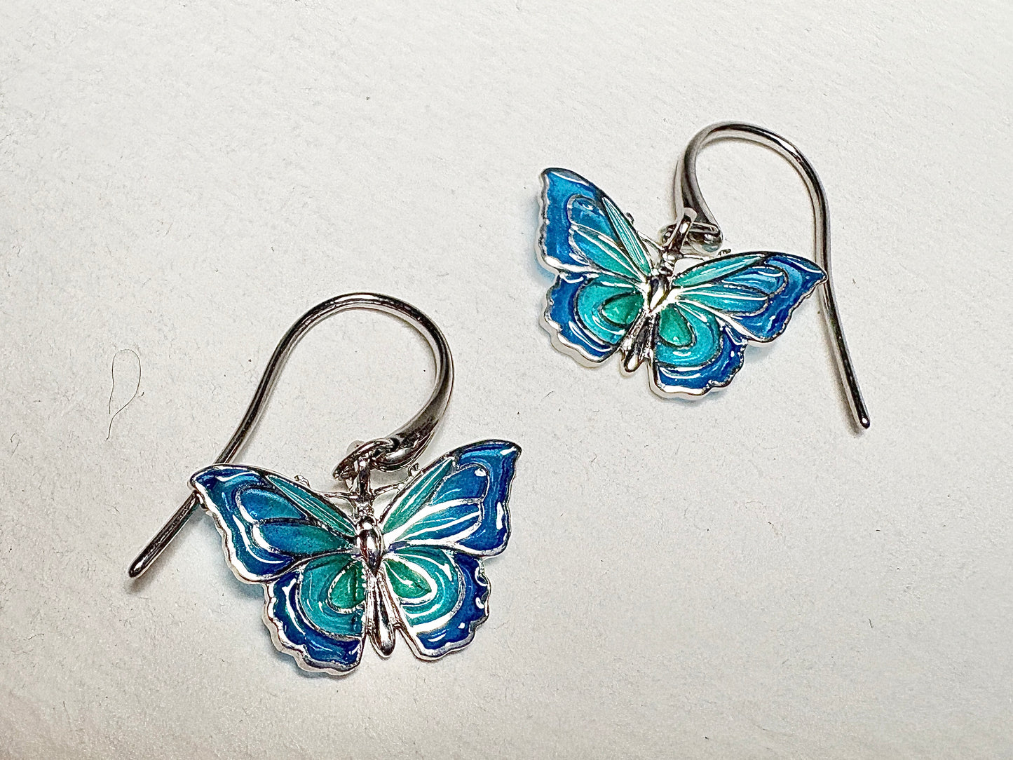 Blue Plique-a-Jour Butterfly Wire Earrings. Sterling Silver