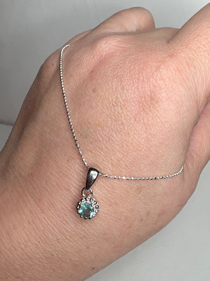 Brazilan Lagoon Tourmaline Beaded Solitaire Pendant Necklace Sterling Silver 4mm 18"