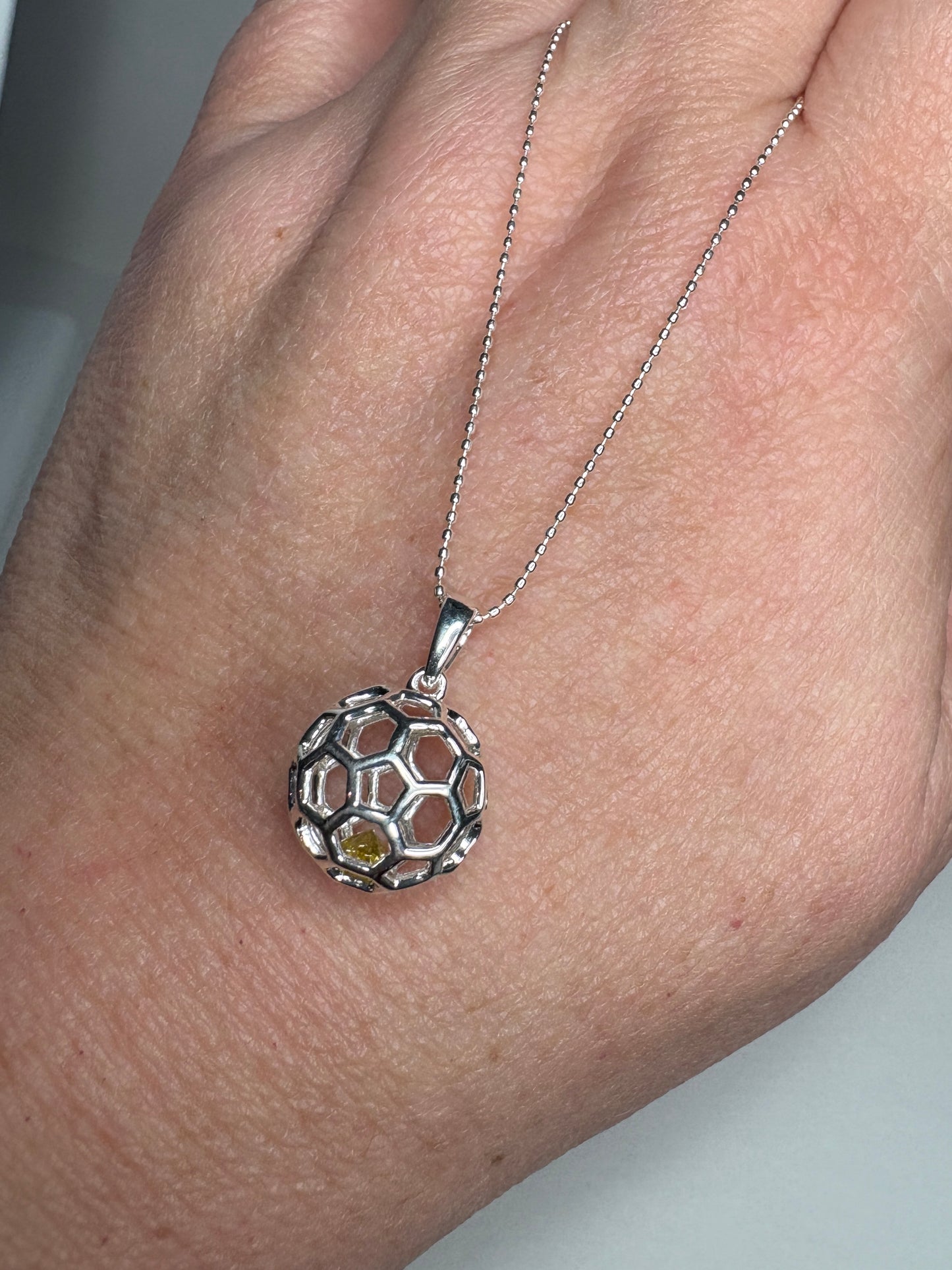 Natural Yellow Diamond in Honey Comb Cage Sterling SIlver Pendant Necklace 18"