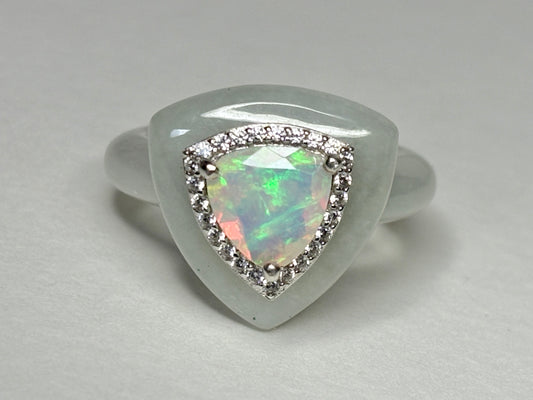 Type A Burmese Jadeite Jade Ethiopian Opal Trillion Halo Ring with Zircon size 7