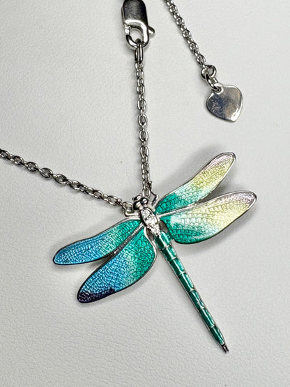 30mm Rainbow Dragonfly Necklace. Sterfling Silver-White Sapphires